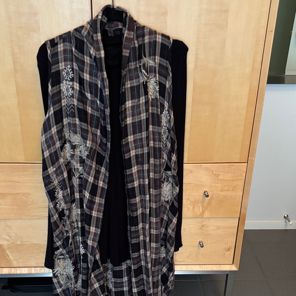 Johnny Was Plaid Sleeveless Vest with Embroidered Details